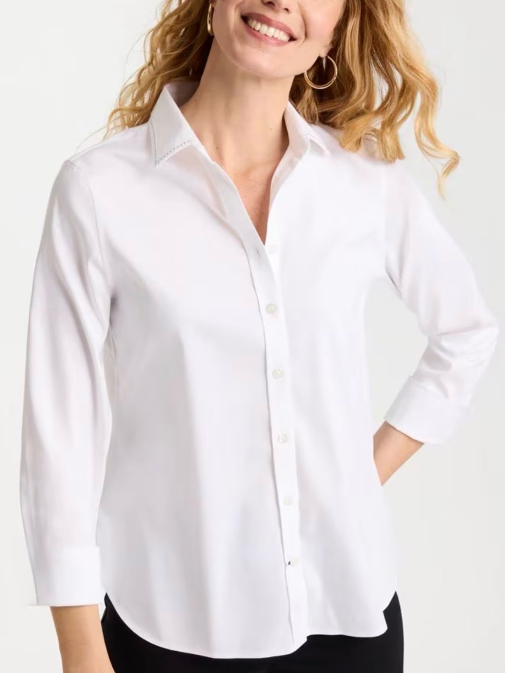 Chico's White Three-Quarter Sleeve Button-Down Shirt